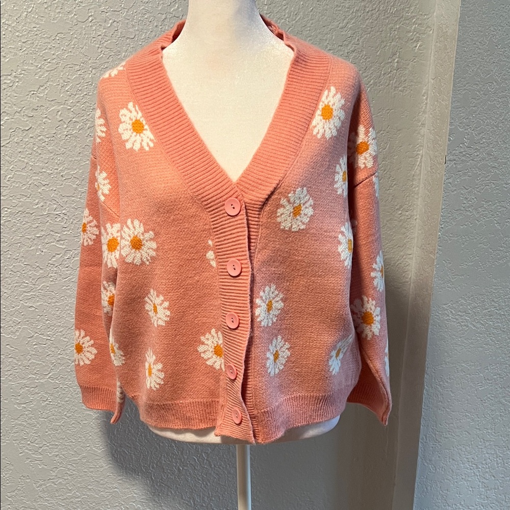Daisy Patterned Pink Cardigan Sweater
